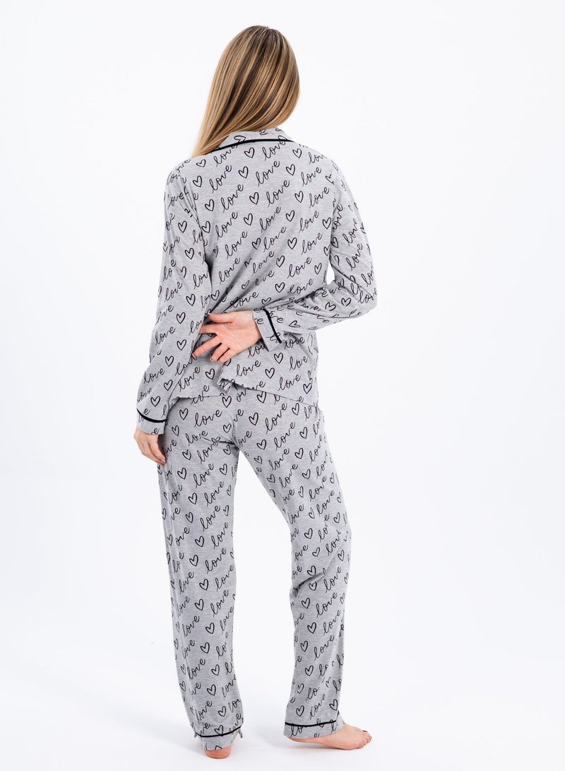 zecotex  Women's Classic 2-Piece Pajama Set - Soft Cotton Sleepwear with "Love" Print & Contrast Piping - Image 5